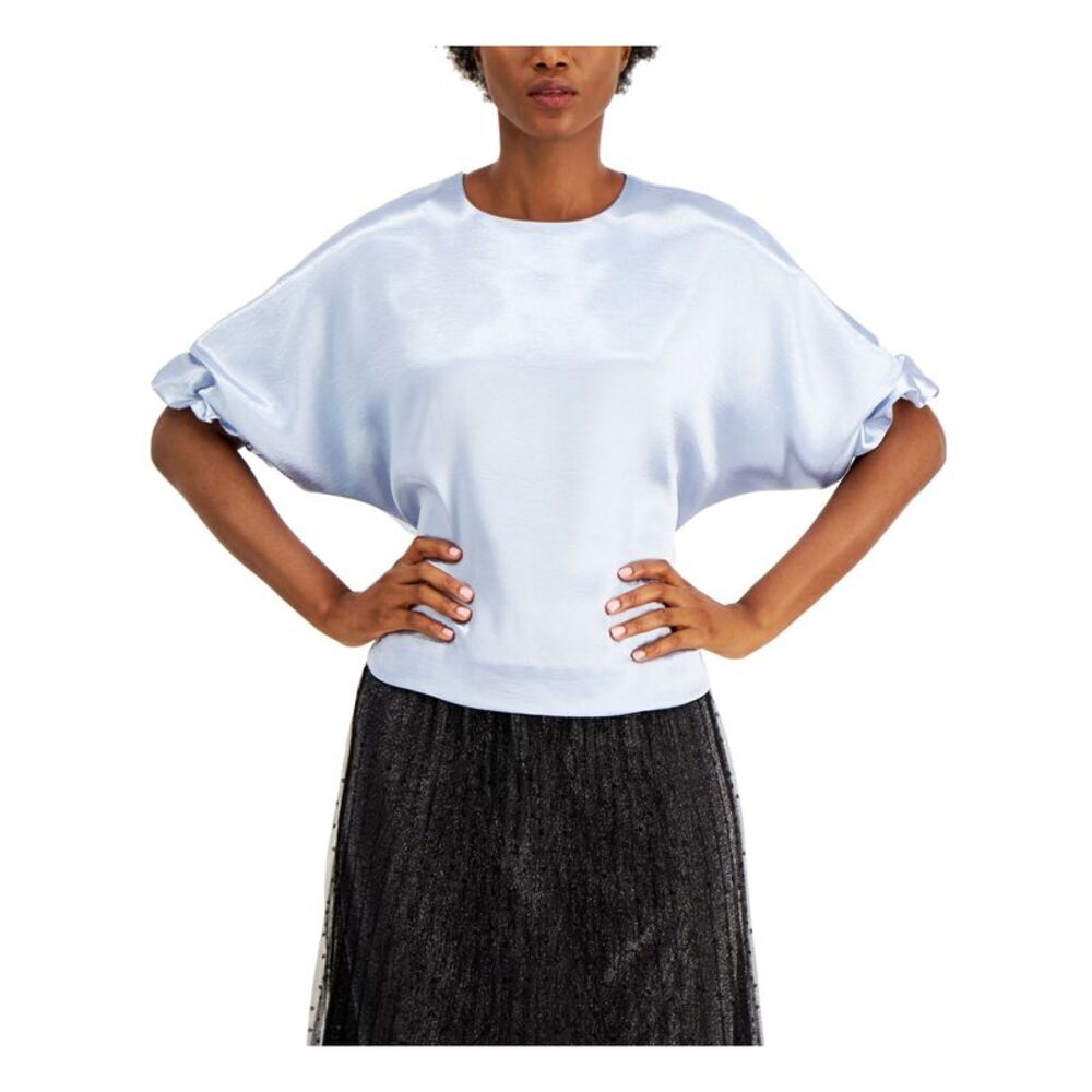 NWT ALFANI Womens Light Blue Zippered Dolman Sleeve Scoop Neck Blouse Size: S